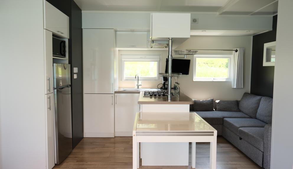 Camping Serre-Ponçon mobil-home 5 personnes séjour vue lac